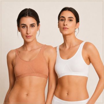 Pack of 2 Wirefree Non-Padded Cotton Stretch Everyday Support Sports Bra – Skin & White
