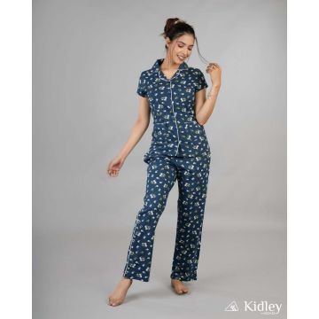 Cotton button down night wear Floral blue Women