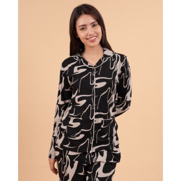 Black and Beige Abstract Print Nightwear Set