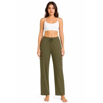 Woman wearing Kidley Olive Green relaxed-fit drawstring cargo lounge lower