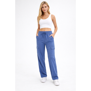 Woman wearing Kidley Blue relaxed-fit drawstring cargo lounge lower