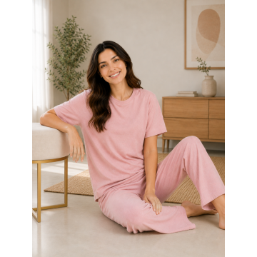 Kidley Luxury Modal Night Dress for Women - Self-Textured Night Suit Set - Pink