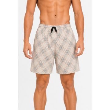 Men’s beige cotton check-print lounge shorts front view